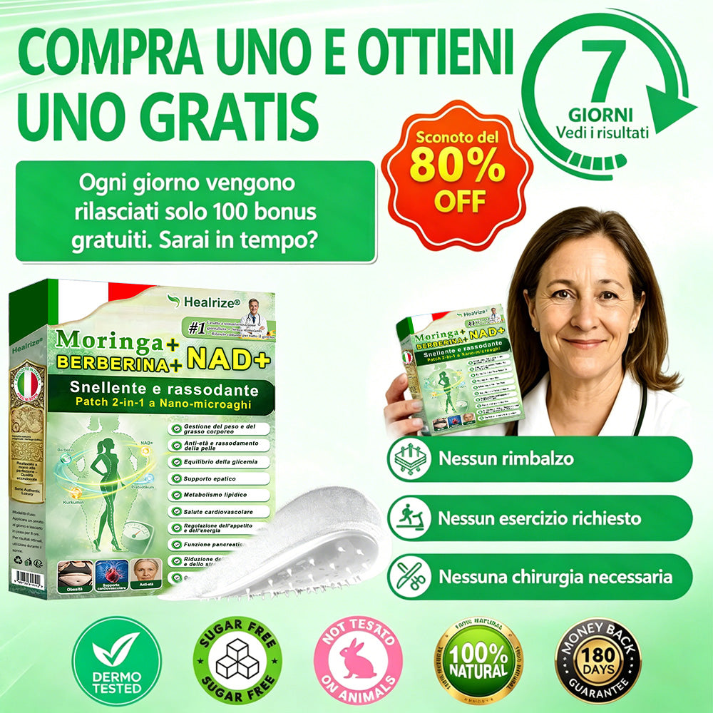 【Offerta ultimo giorno – 80% di sconto】👨🏻‍🤝‍👩🏻🏥🧍‍♀️👩𝐻𝑒𝑎𝑙𝑟𝑖𝑧𝑒® Moringa · Berberina × NAD⁺ 10-in-1 Advanced Nano Microneedle Patch ✨ 7 cerotti per confezione · Fornitura per una settimana